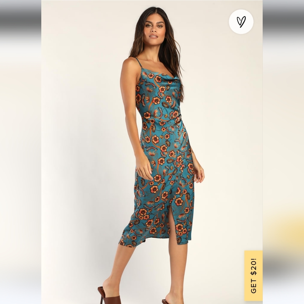 Lulus Hollywood Woman Teal Floral Print Satin Midi Dress - Picture 1 of 7